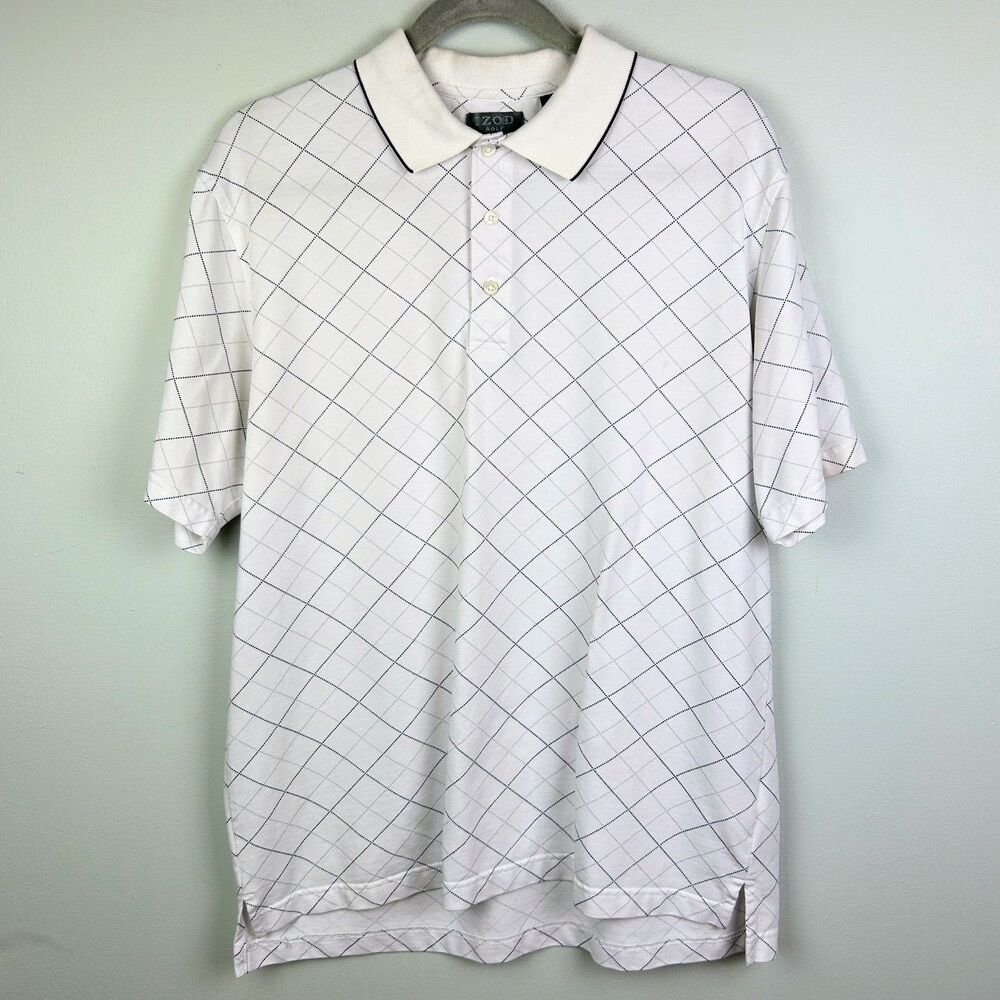 Izod Polo T Shirt Collared Short Sleeve Top White Diamond Plaid Pt Golf Cotton M